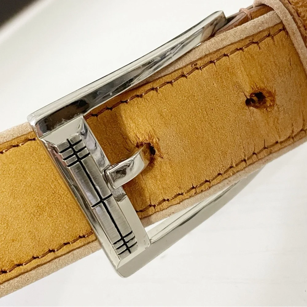Burberry natural and brown leather silver buckle belt